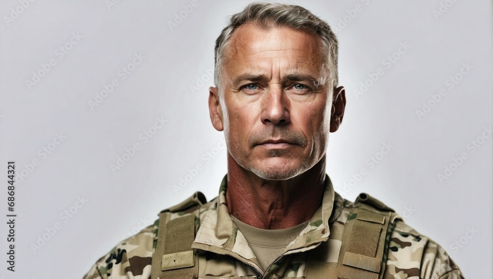 Middle-aged Caucasian male soldier, intense gaze, wearing desert camouflage, military attire, gray background, stoic