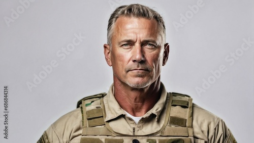 Middle-aged Caucasian male soldier, serious expression, wearing camouflage uniform, military portrait, grey background, confident stance photo