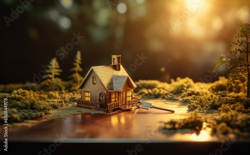 Model of a house with a key against a forest and sunset background