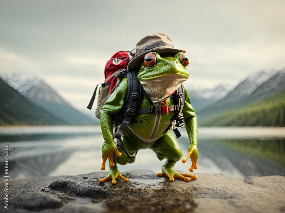 A frog with a backpack and a hiking hat, looking ready to leap into adventure - obrazy, fototapety, plakaty 