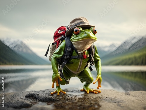 A frog with a backpack and a hiking hat, looking ready to leap into adventure photo