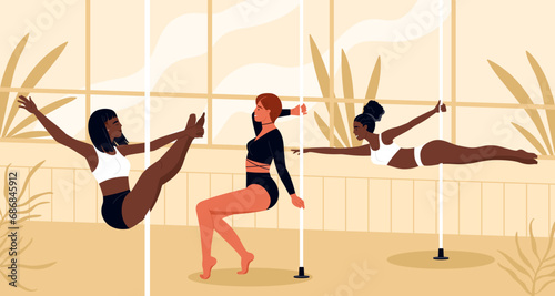 Three young girls in a pole dancing training class at a dance studio. Scene of women in dance studio. Pole dancing, fitness and sport lifestyle. Vector illustration cartoon style. Isolated background photo