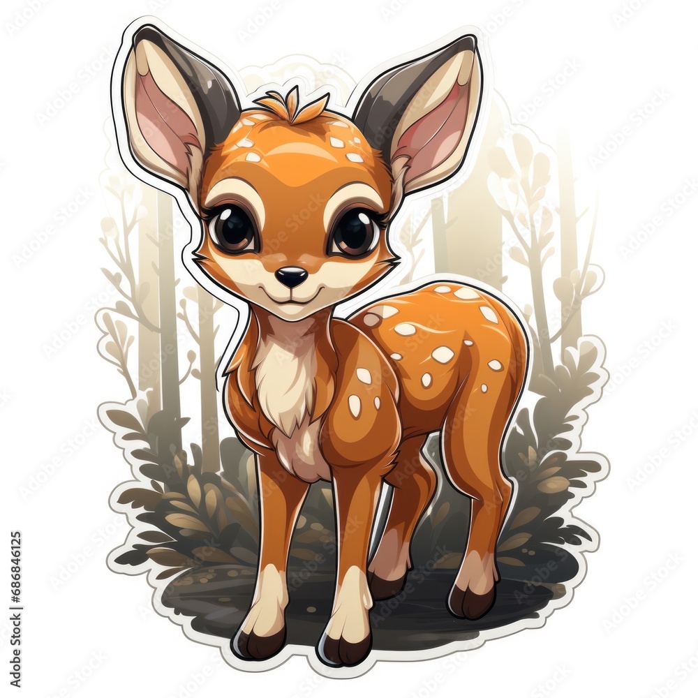 A cartoon deer with big eyes standing in the woods. A cartoon deer with big eyes standing in the woods.