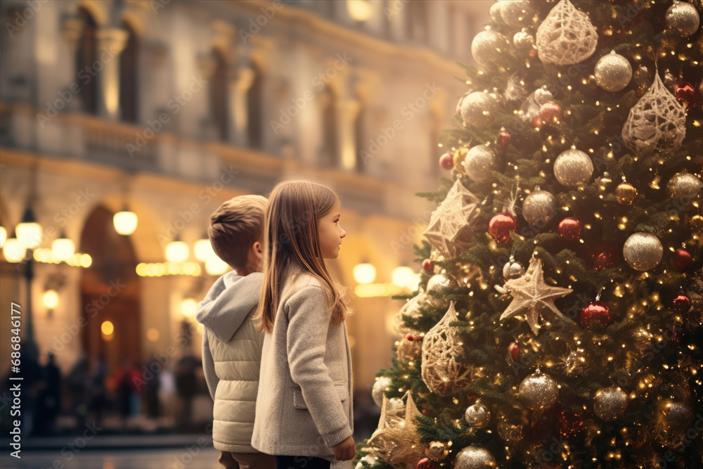 Sister and brother are standing near a Christmas tree on the street. Sister and brother are standing near a Christmas tree on the street.