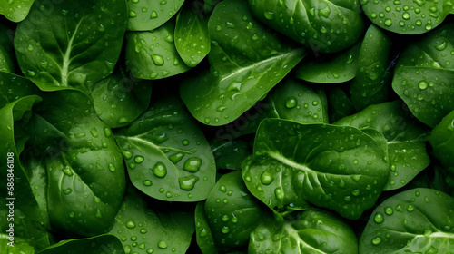 Close up seamless pattern with organic fresh spinach with droplets of water for background. Organic carrots, vegetables, background