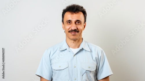 Electrician at home, wearing a cheerful expression.