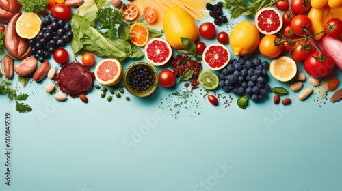 A variety of fruits and vegetables on a blue background photo