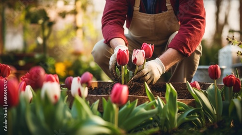A man in overalls is planting tulips in a garden #686846702