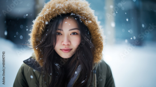 Snowy Portrait: Stylishly Dressed Young Asian Woman Poses in Winter Setting, Snow-Covered Background, Looking at Camera with Snowflakes Adorning Face, Ideal for Depicting Winter Beauty