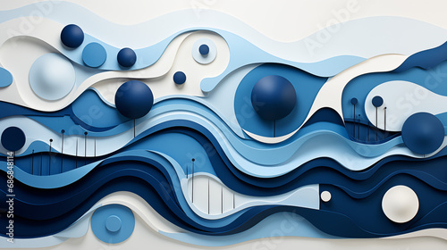 Colorful abstract graphic painting background. Fluid painting, forms, circles, lines and waves abstract texture. Intensive colorful mix of vibrant blue tones colors. 3D rendering illustration