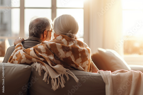 Concept of love language with sunny vibe. Back view  elder couple hug and embrace their shoulder in the warm cozy living room. photo