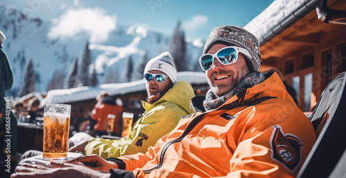 Winter, ski. Skiers enjoying lunch in winter mountains. Group Of Friends Enjoying beer In Cafe at Ski Resort.