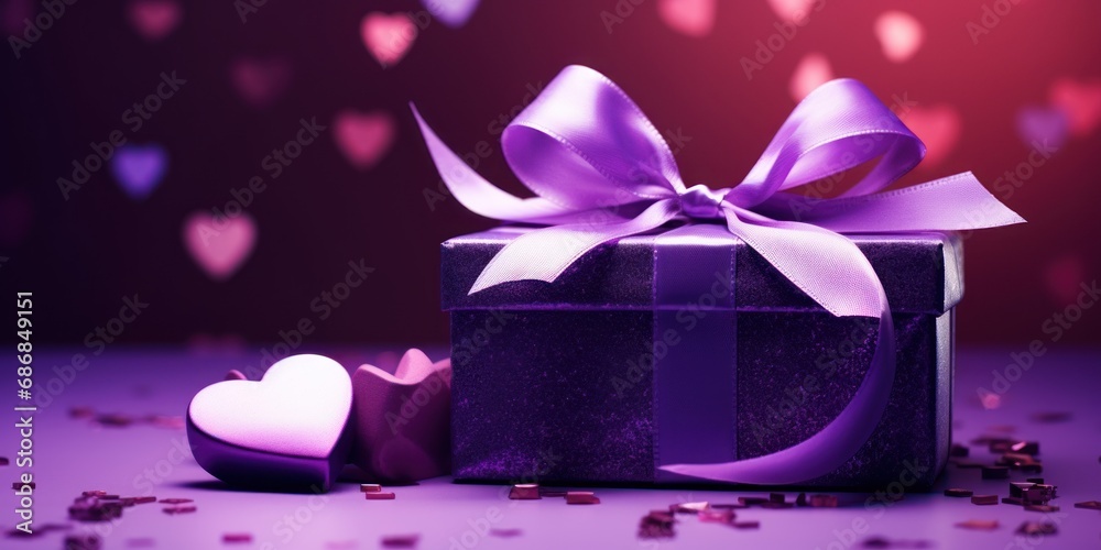 Purple gift with bow and hearts, Valentine's Day, card background Purple gift with bow and hearts, Valentine's Day, card background