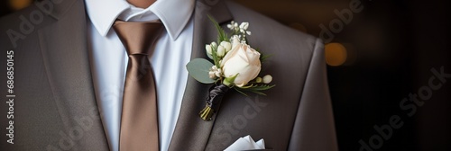 Groom in a fashionable modern suit with a boutonniere close-up, banner photo