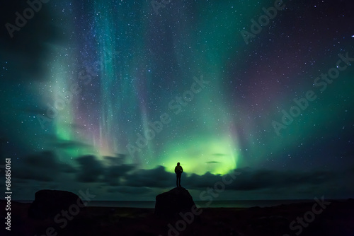 Norway, Lofoten Islands, Eggum, man standing on rock and watching northern lights