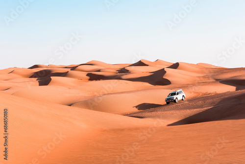 Sultanate Of Oman, Wahiba Sands, Dune bashing in an SUV photo