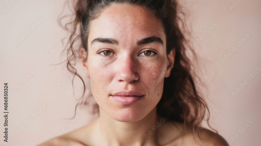 Flawed beauty shines through in this close-up portrait of a Caucasian woman against a studio's light beige backdrop. Flawed beauty shines through in this close-up portrait of a Caucasian woman against a studio's light beige backdrop.