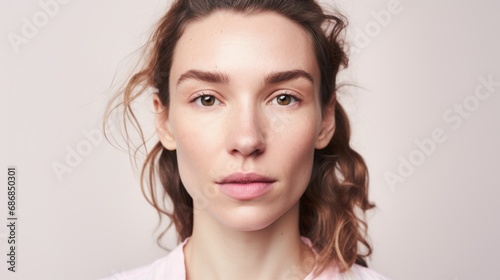 Close-up shot of a Caucasian woman with imperfect skin, gazing directly into the camera against a light beige studio backdrop.