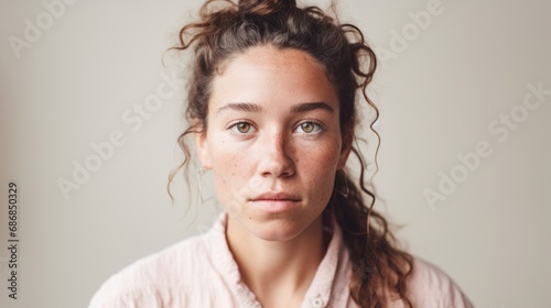 Detailed close-up highlighting the flaws on the skin of a Caucasian woman against a light beige studio setting.