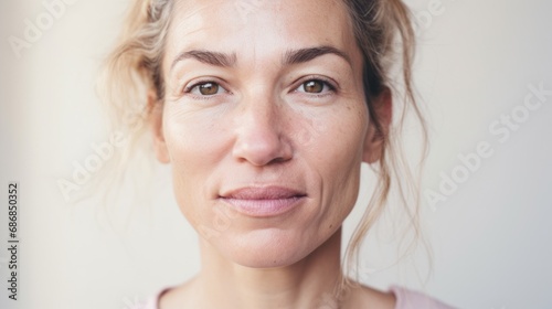 A detailed close-up showcasing a Caucasian woman s imperfect skin as she confidently looks into the camera against a light beige studio setting.