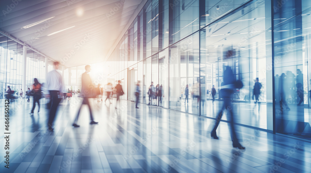 People blurred in a modern open office walking fast in a rush, corporate office with motion blur, fast pace, big windows, background hd