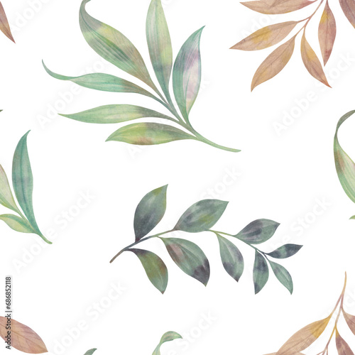 abstract watercolor leaves, seamless botanical pattern on white background, for wallpaper design