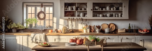 Cozy farmhouse style kitchen interior, room filled with all sorts of appliances and details rustic kitchen, banner