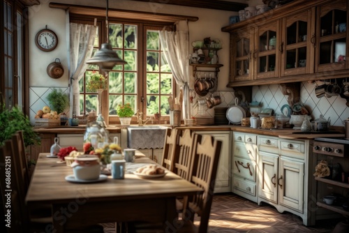 Cozy farmhouse style kitchen interior  room filled with all sorts of appliances and details rustic kitchen