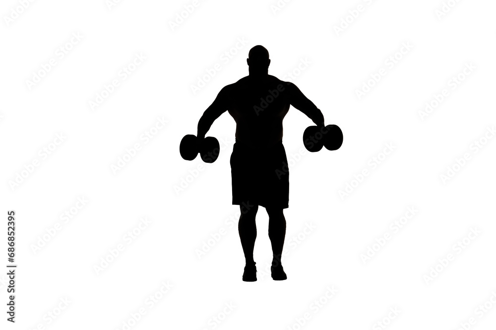 In the shot, a man stands in silhouette against a white background. He is an athlete, a bodybuilder. Demonstrates an exercise with dumbbells, lifts them. He is facing the camera in full face
