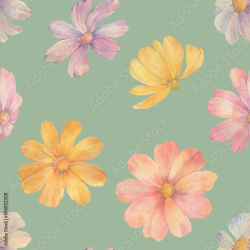 colorful flowers on green background  abstract botanical background  seamless pattern for design