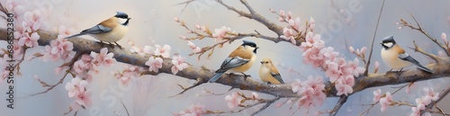 Two small birds perched on a branch with pink flowers