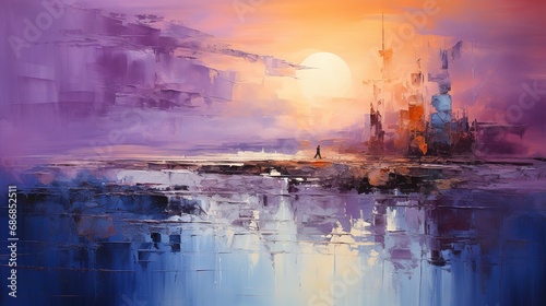 Stunning Digital Painting of a Sunset Over the Ocean with a Pink and Purple Sky and a Large Orange Sun © DZMITRY