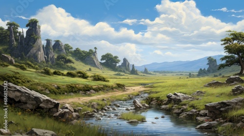  a painting of a landscape with a river and mountains in the background and a sky with clouds in the sky and a picture of a painting of a landscape with a river and mountains in the sky with a.