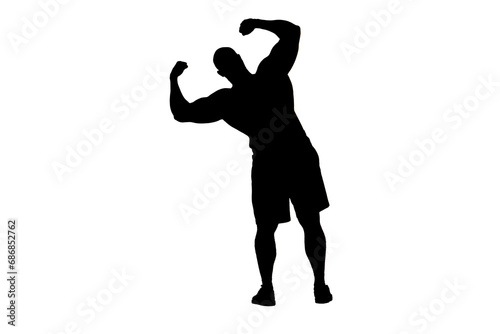 In the frame a man stands silhouetted on a white background. This is an athlete  bodybuilder  bodybuilder. Demonstrates his body  biceps and muscles. He looks at the camera leaning to the side