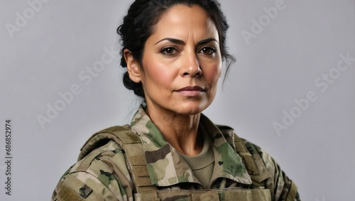 Stern Hispanic middle-aged female soldier in camouflage military uniform, serious expression, grey backdrop