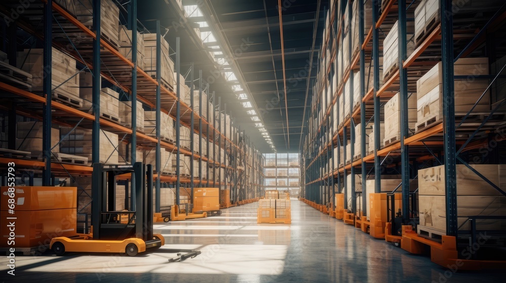 a massive distribution warehouse designed in a modern style, the vastness of the space, featuring high shelves and forklifts.