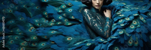 Young girls in beautiful fashionable clothes in peacock plumage colors, exotic bird and high fashion, fashion magazine cover, banner