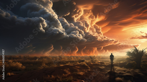 Meteorologist Chasing Storms: A portrait of a meteorologist or storm chaser observing severe weather phenomena. Large clouds.
