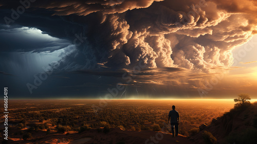 Meteorologist Chasing Storms: A portrait of a meteorologist or storm chaser observing severe weather phenomena. Large clouds. photo