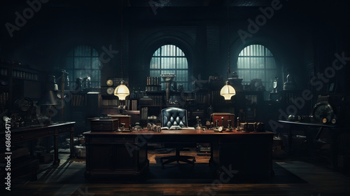 Film Noir Detective Office: A dimly lit private investigator's office with vintage detective tools, old rotary phones, typewriters, and noir-style aesthetics, atmosphere of classic detective stories. photo