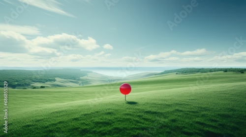 a vast green field with a prominent big red pin marking a location, the concept of achieving goals, realizing dreams, reaching the end, or celebrating a victory. © lililia