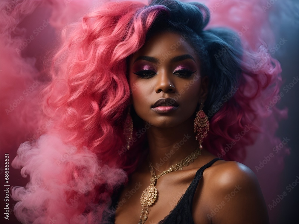 Mysterious sensual black woman with bright make-up and pink hair, shrouded in a background of colored smoke.

