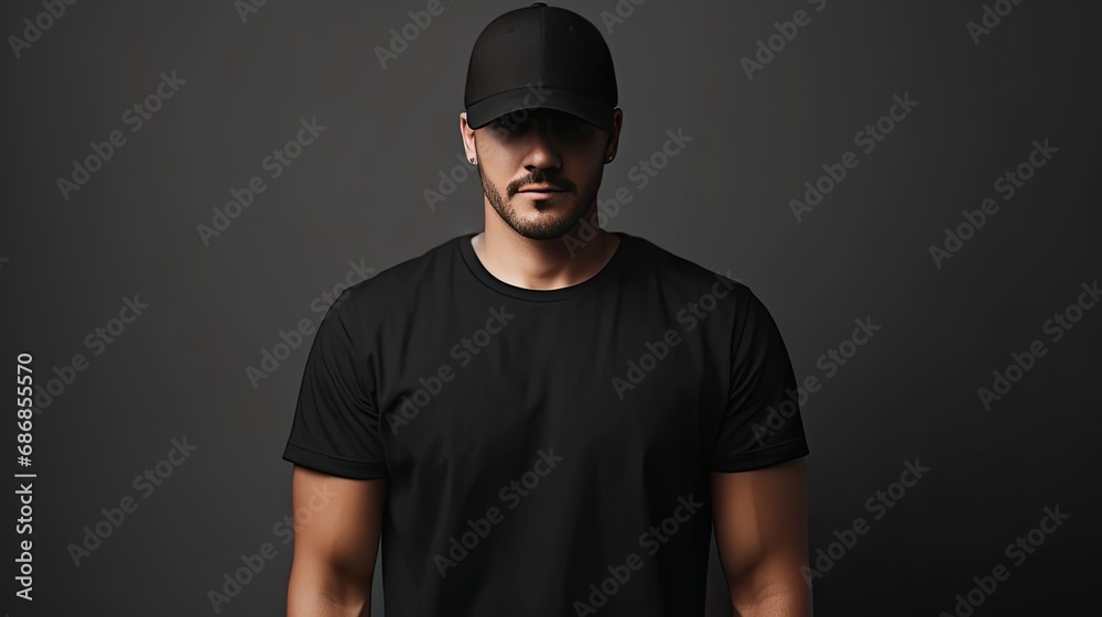 a man wearing a black blank t-shirt and a matching baseball cap, creating a mock-up scene with ample space for showcasing your logo or design. a man wearing a black blank t-shirt and a matching baseball cap, creating a mock-up scene with ample space for showcasing your logo or design.