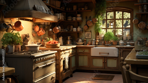 A cozy kitchen with wooden cabinets, farmhouse sink, vintage appliances, hanging pots, and pans, offering a warm and inviting rustic atmosphere.
