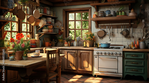 A cozy kitchen with wooden cabinets  farmhouse sink  vintage appliances  hanging pots  and pans  offering a warm and inviting rustic atmosphere.