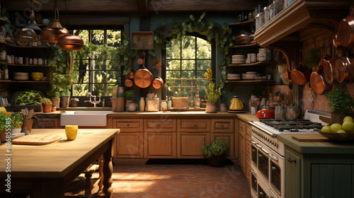 A cozy kitchen with wooden cabinets, farmhouse sink, vintage appliances, hanging pots, and pans, offering a warm and inviting rustic atmosphere.