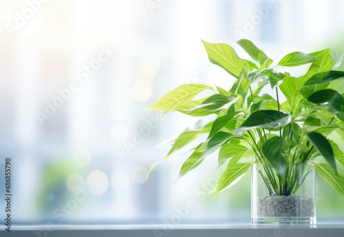 A plant in a glass vase on a window sill. Generative AI.