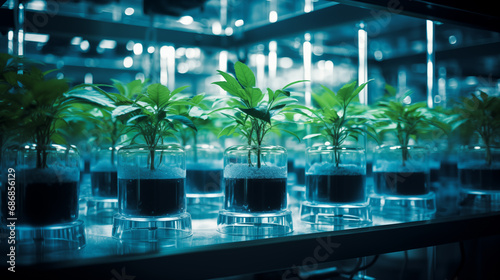 Modern hydroponic farming under artificial blue lighting, showcasing rows of lush green plants in transparent containers, emphasizing sustainable agricultural technology. High quality illustration. photo