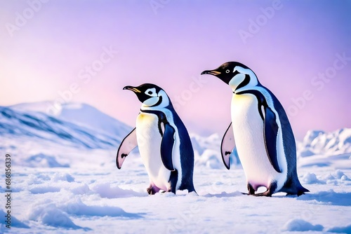  two penguins walking Against a backdrop of soft purple hues  the penguins stand out  creating a visually appealing contrast.