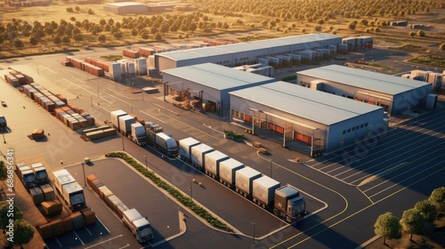 a modern logistics park, capturing warehouses, loading hubs, and a multitude of semi trucks with cargo trailers lined up at ramps for the loading and unloading of goods.